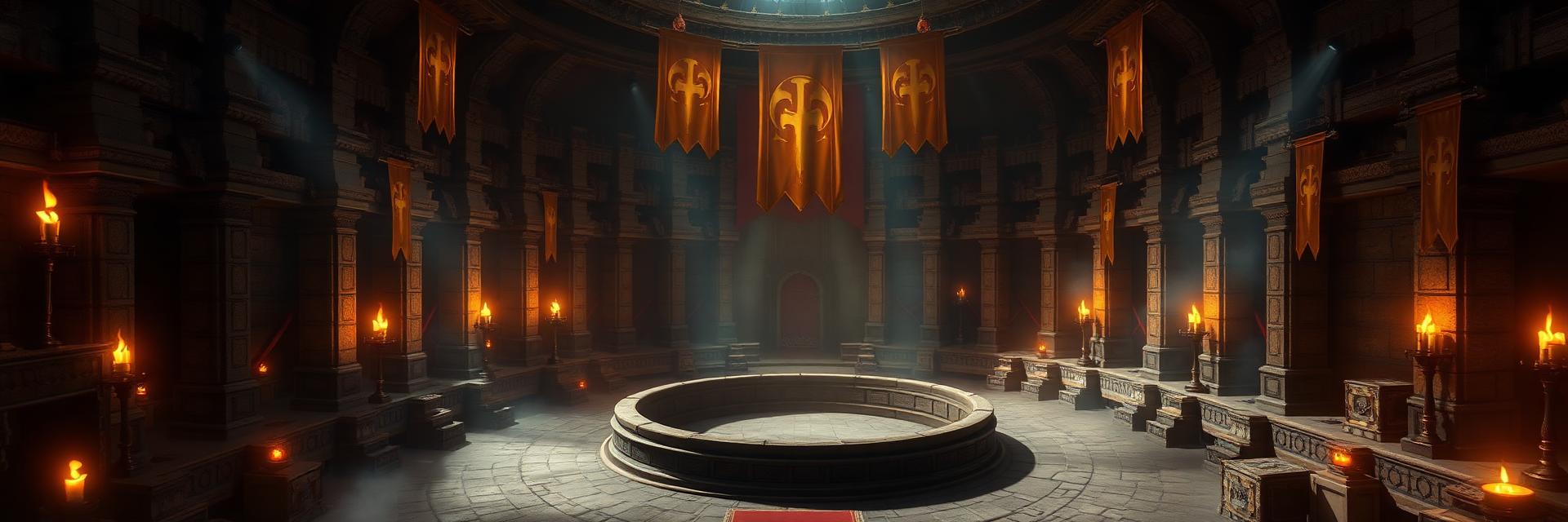 Grand fantasy tournament arena with stone pillars and golden banners