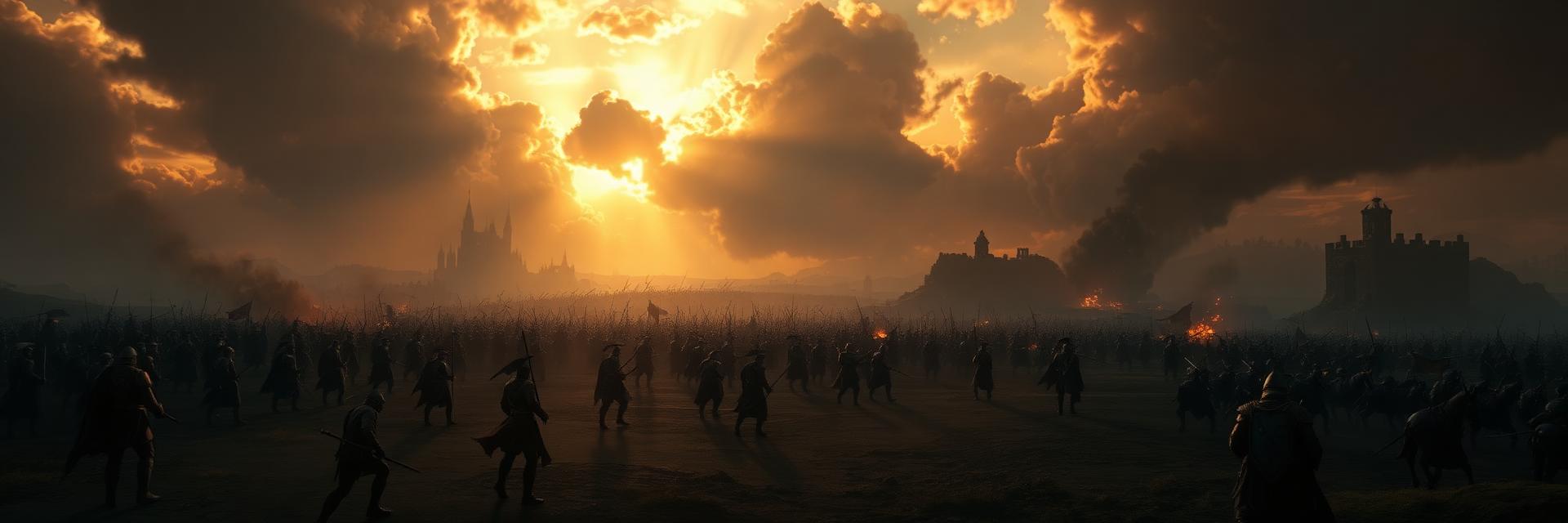 Epic fantasy battlefield with two armies clashing at sunset