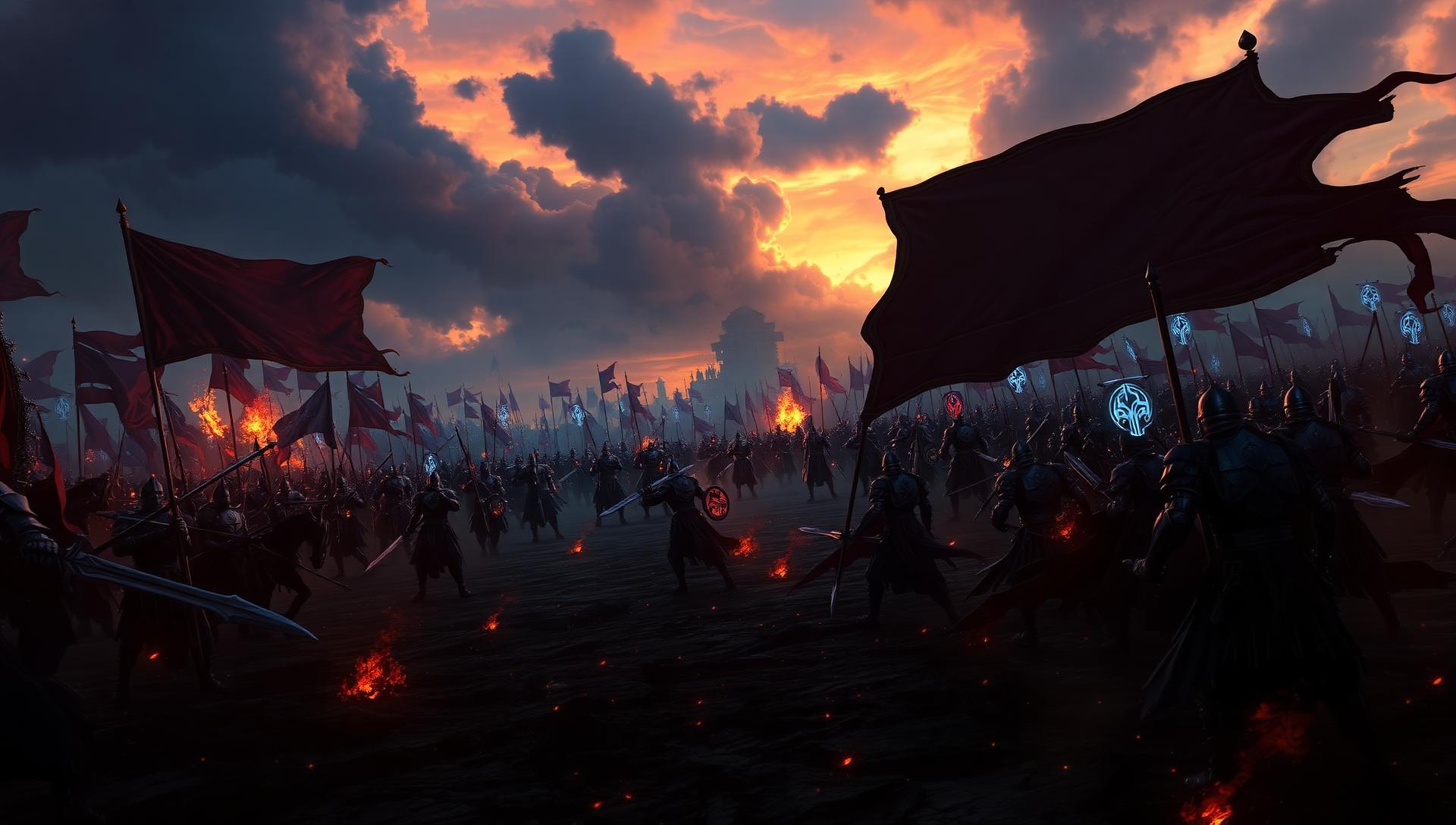 Two massive fantasy armies clashing on a war-torn battlefield at dusk