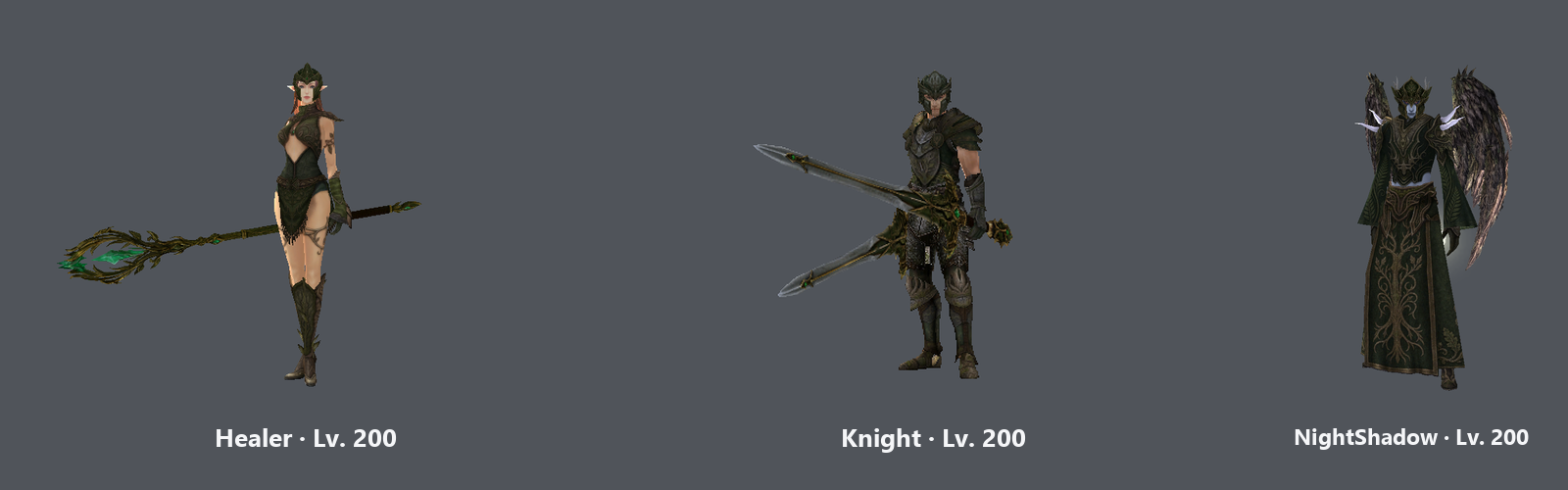 Weapons around Level 200: Healer, Knight and NightShadow.